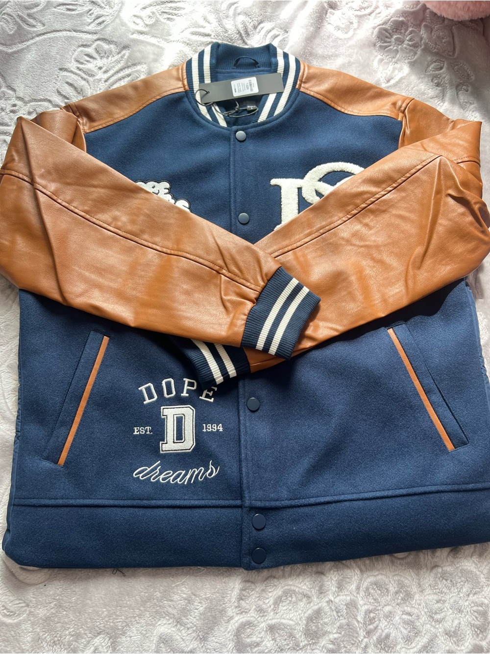 Fashion Nova Navy and Tan Varsity Bomber Jacket